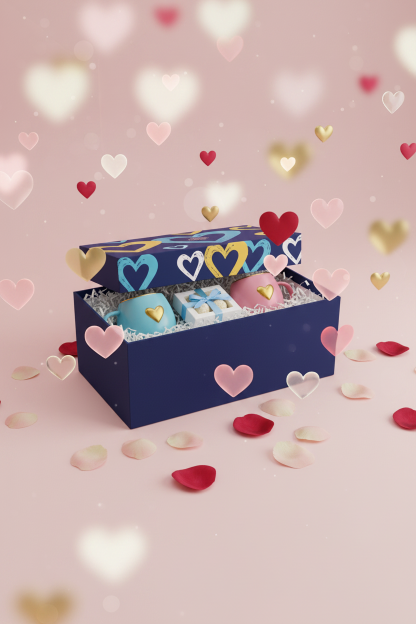 Kit de 3 xícaras com desenhos de coração dentro de uma caixa presente para dia do namorados. O fundo e rosa com várias corações espalhados pela tela. 
